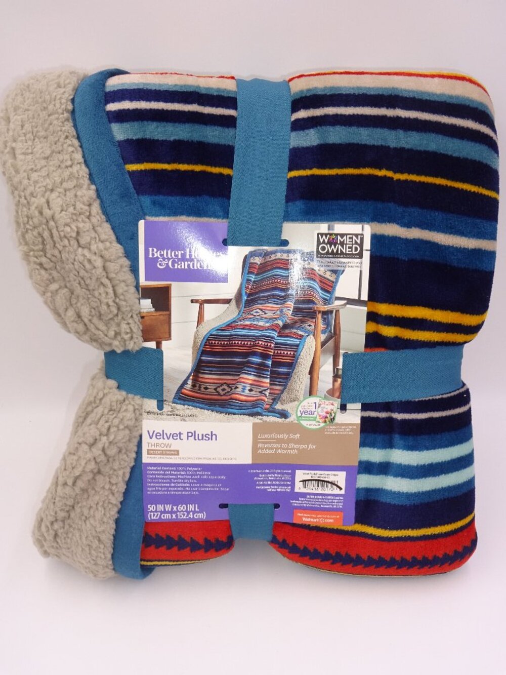 New Better Homes & Gardens Desert Stripes Velvet Plush Throw Sherpa 50" x 60"